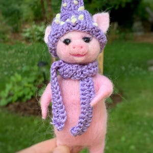 Needle Felted Pig – Poppy the Piglet in Purple Hat and Scarf – Handmade Wool Animal Figurine – Cute Farmhouse Decor – OOAK Pig Gift