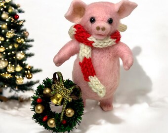 Needle Felted Pig: Handmade Wool Figurine, Rustic Christmas Ornament