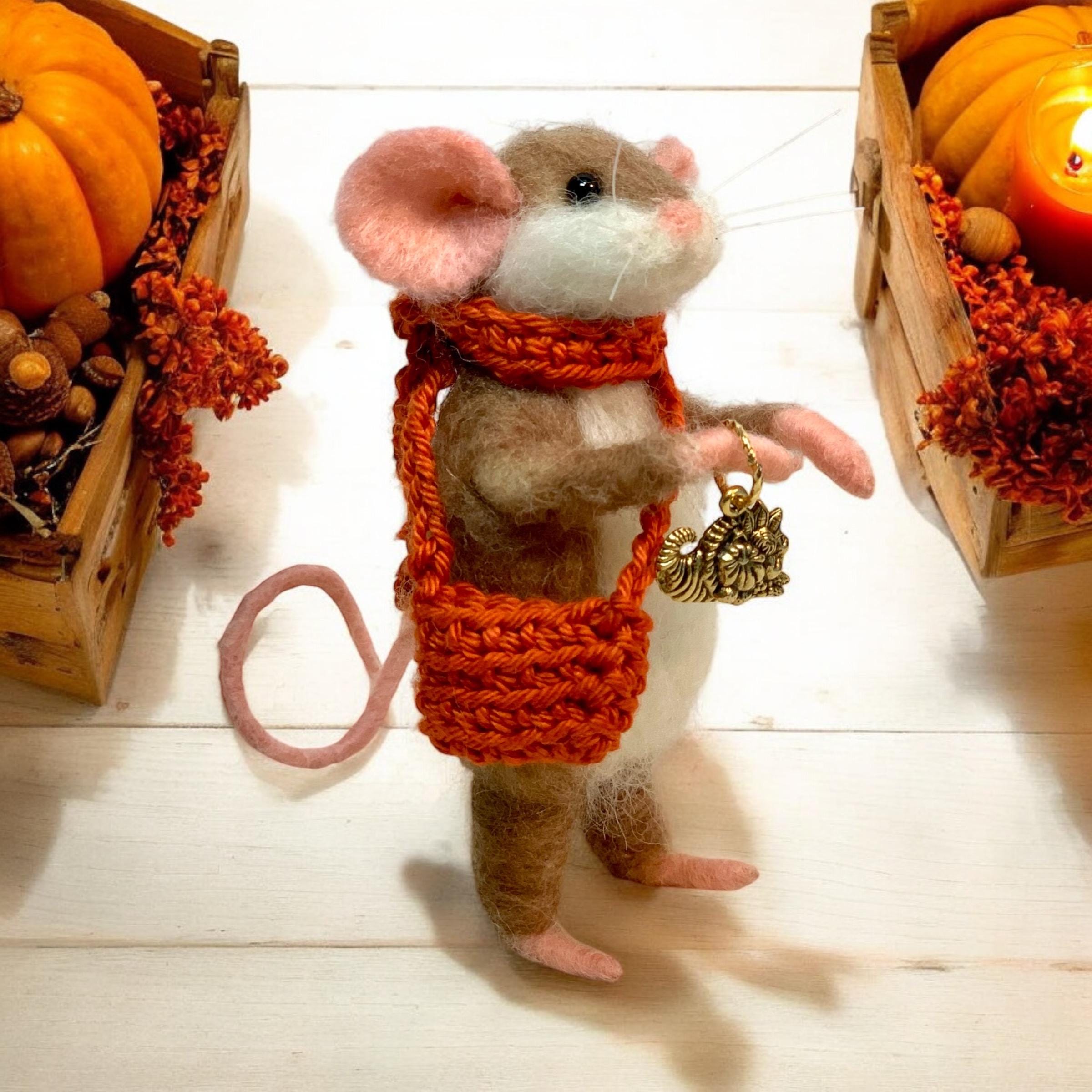 Needle Felted Handmade Brown Mouse: With Bag and Scarf - Wool