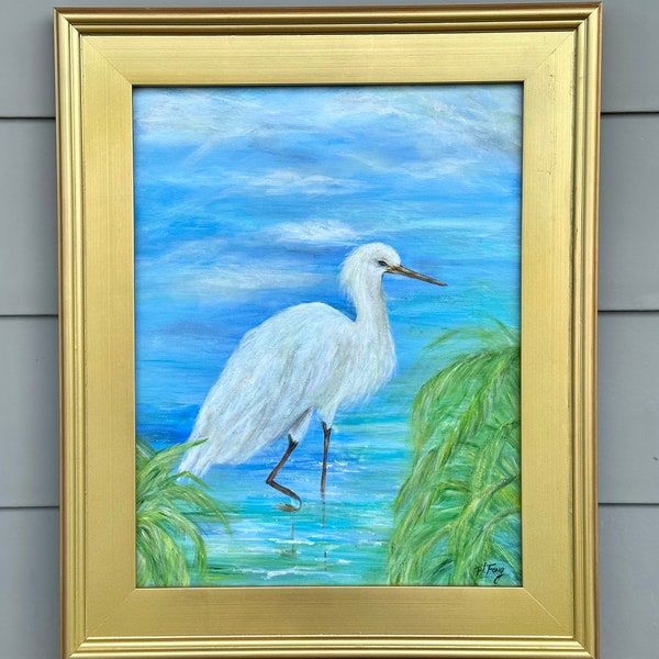 Original Snowy Egret on Water Painting, oil and acrylic, 18x14 stretched canvas in 18x23 gold frame, wall decor