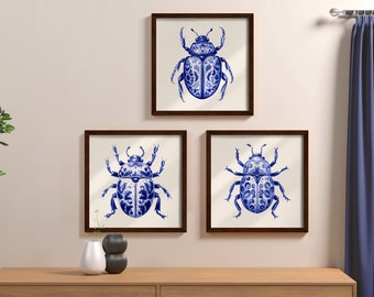 Dutch Delft Blue Insects Triptych Poster Print, Set of 3, Interior Wall Decoration, Wall Art, Dutch Design style
