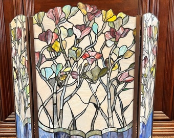 Stained Glass Tiffany Style Fireplace Screen Magnolia Tree with Birds