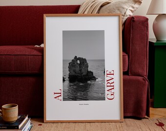 Algarve Coast Seascape Photography Print – Black and White Coastal Cliff (Digital Download)