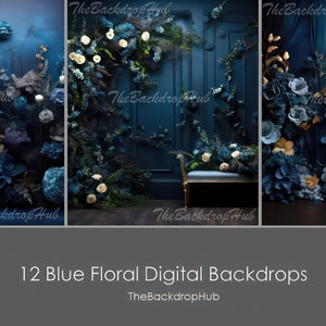 12 Blue Floral Art Digital Backdrops, Photoshop Overlays, Photo Overlay, Maternity Backdrop