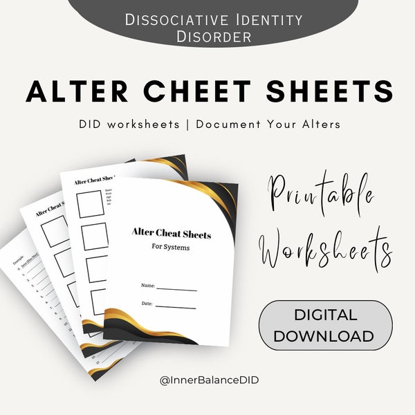 Gold and Black Printable Alter Cheat Sheets For Dissociative Identity Disorder Printable | Alter Bios, Alter List, DID Workbook for Therapy