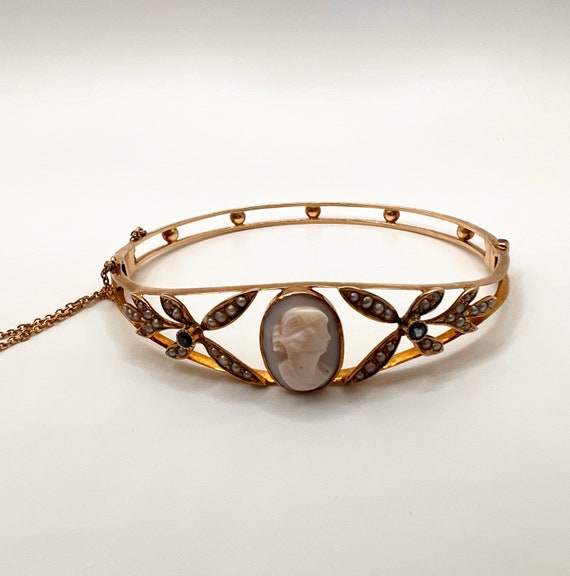 Bracelet vintage or 14k perles et camée, bijoux c… - image 3