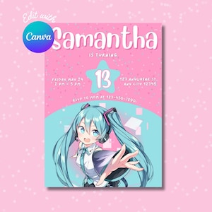 Bearbeitbare Hatsune Miku Anime Geburtstagseinladung, Anime Geburtstagsfeier, Hatsune Miku Geburtstag, Rosa Geburtstagseinladungsvorlage, Canva