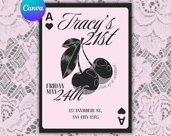 Editable Coquette 21st Birthday Invitation, Pink Card Template (Canva)
