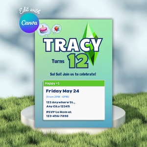 Pode incluir: Um convite de aniversário verde e azul para um aniversário de 12 anos. O convite apresenta um diamante verde com o texto "TRACY Turns 12" e a frase "Sul Sul! Join us to celebrate!" O convite também inclui a data e hora da festa, o endereço e as informações de RSVP.