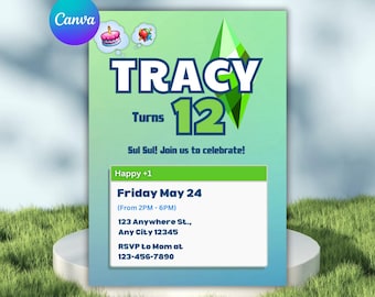 Editable Sims 4 Birthday Invitation Template, Canva (Digital)