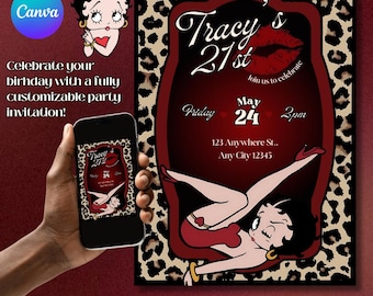 Betty Boop 21st Birthday Invitation, Red Leopard Print, Editable Canva Template (Digital Download)