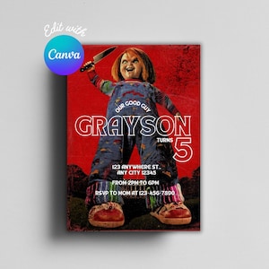Convite de aniversário de Chucky Childs Play, festa de aniversário de Halloween, modelo de convite de aniversário, modelo Canva, aniversário de Chucky