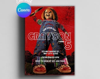 Invito di compleanno a tema Chucky, festa di Halloween, modello Canva (digitale)