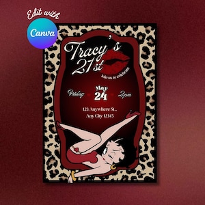 Bearbeitbare Betty Boop-Geburtstagseinladung, roter Leopard-Geburtstag, Mädchen-Geburtstagsfeier, Einladungsvorlage, Canva