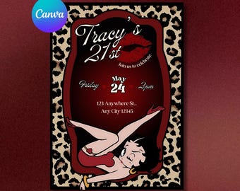 Betty Boop Birthday Invitation, Red Leopard Print, Canva Template (Digital Download)