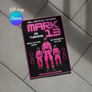 Puede incluir: Una invitación de cumpleaños negra y rosa con el texto "¿Quieres jugar al juego? Mark cumple 13 años" y un gráfico de cuatro figuras con monos rosas y máscaras. La invitación incluye la fecha, la hora y el lugar de la fiesta, así como un número de RSVP.