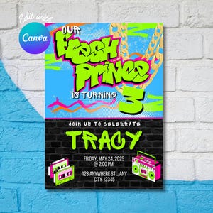 May include: A birthday invitation with a bright blue, green, and pink color scheme. The text reads "Our Fresh Prince is turning 3. Join us to celebrate Tracy. Friday, May 24, 2025 @ 2:00 PM. 123 Anywhere St., Any City 12345."