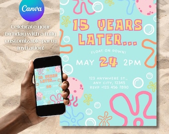 Editable Sponge Under The Sea Birthday Invitation, Kids Party, Canva Template