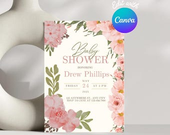 Floral Baby Shower Invitation, Pink Roses, Sage Green (Editable Canva Template)
