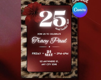 Leopard Print 25th Birthday Invitation: Red Y2K Theme (Editable Canva Template)
