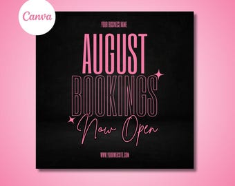 Editable Pink August Booking Flyer: Hair, Lash, Makeup Canva Template (Digital Download 3.5x2 in.)