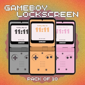 May include: Three Game Boy Color phone lock screens with different colored shells: gray, orange, and pink. Each screen displays the time 11:11 and the text "Friday, May 14". The text "GAME BOY" is displayed at the bottom of each screen. The text "PACK OF 10" is displayed below the screens.