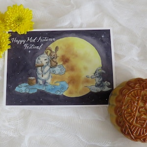 Mid-Autumn Festival Art Print: &quot;Rascally Moon Rabbits&quot; Watercolor Bunny Illustration