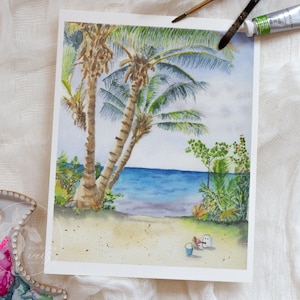 beach ghost art print | ocean beach watercolor | whimsical wall art | coastal home decor | seaside art | fun gift idea | bathroom decor