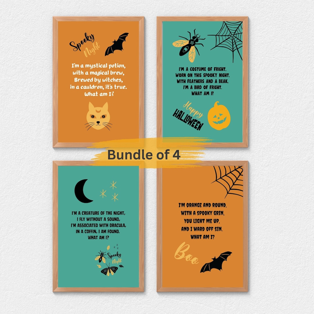 Halloween Printable Gallery Wall Art Bundle of 4, Riddles Fun, Printables for Kids, Children's ...