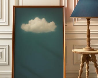 Stampa artistica vintage con nuvole, cielo lunatico, decorazione murale verde acqua scuro, poster astratto minimalista, foto di nuvole surreali neutre, casa massimalista