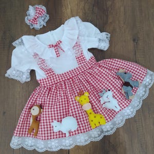 Vestido xadrez vermelho para bebê menina com apliques de animais em feltro 3D, roupa infantil feita à mão com acessório de cabelo, vestido de festa de algodão