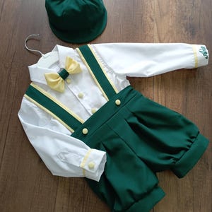 Green Suspender Shorts Baby Boy Outfit with Bow Tie and Hat, Vintage Style Toddler Formal Set, Personalized Birthday or Wedding Clothes