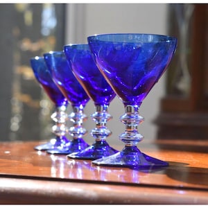 Set of 4 Vintage Bryce Springtime Cobalt Blue Stem Liquor Glasses  Stem 688