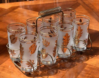 Libbey Golden Foliage 8 Highball Tumblers Set w/ Brass Caddy MCM 1950s-70s USA
