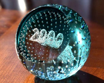 Caithness Scotland Millennium 2000 Art Glass Paperweight Signed Teal Bubbles