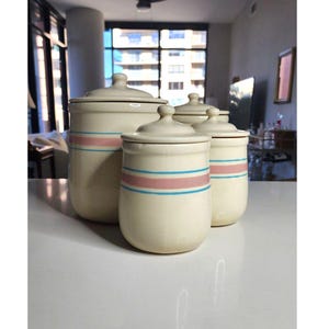 Set of 4 Antique 1970s Vintage McCoy Pink and Blue Striped Lidded Canister Set