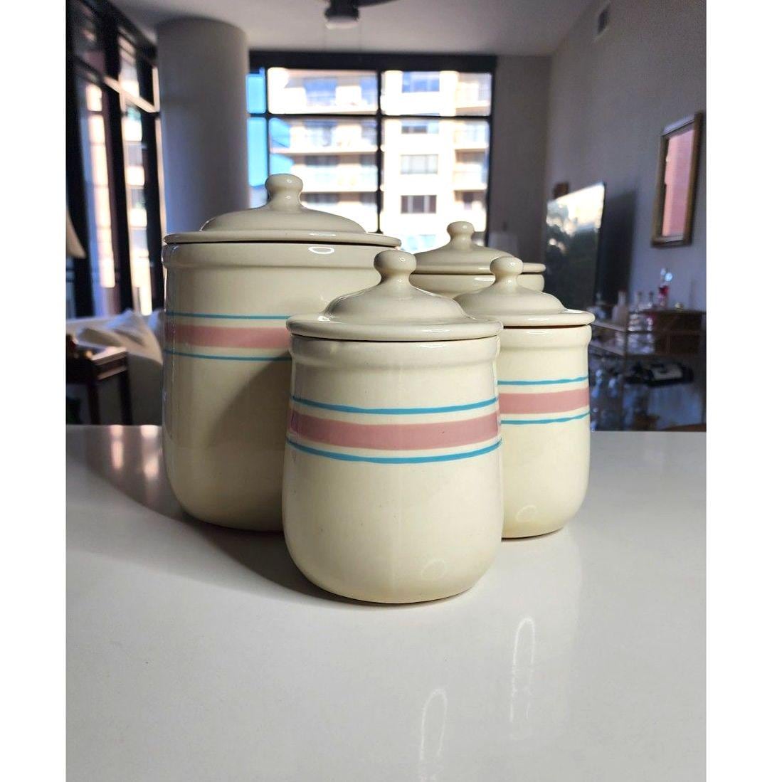 Set of 4 Antique 1970s Vintage Mccoy Pink and Blue Striped Lidded