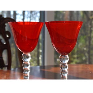 Set of 2 Vintage Ruby Red Crystal Water Goblets, 5-Ball Clear Crystal Stems