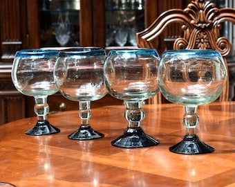 Hand Blown Mexican Margarita Glasses Set of 4 Aqua Rim Cobalt Foot Bubble Glass