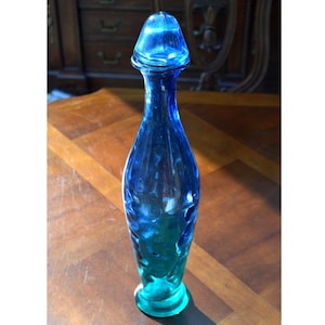 Vintage Blue Flash Glass Decanter Bottle with Cork Stopper - 18.5&quot;