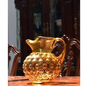 Vintage Hobnail Amber Yellow Glass Pitcher - 9.5&quot; Tall - Mid-Century Modern