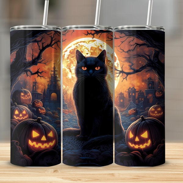 Black Cat Halloween Tumbler Wrap, 20 oz Skinny Tumbler Sublimation Designs Straight Tumbler PNG, Instant Digital Download