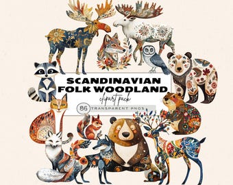 Paquete de imágenes prediseñadas de animales del bosque boho, imágenes prediseñadas de arte popular escandinavo, imágenes prediseñadas de amigos del bosque popular, animales del bosque escandinavo, imágenes prediseñadas nórdicas