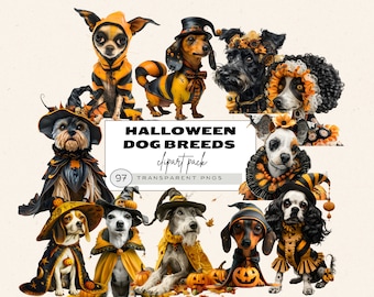 Halloween Dogs Clipart, Dog With Clothes Clipart, Cute And Funny Dog Breeds Clipart Bundle, German Shepard, Dachshund, Shorthaired Pointer