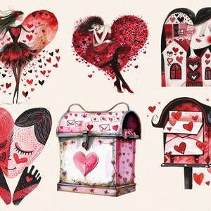 May include: A collection of watercolour illustrations with romantic themes. The artwork includes figures within heart shapes, a decorative mailbox, and a stylized mailbox, all in shades of red, black, and pink. The overall theme is love and romance.