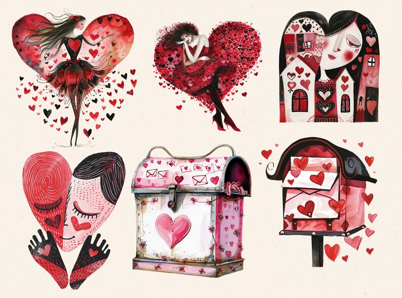 May include: A collection of watercolour illustrations with romantic themes. The artwork includes figures within heart shapes, a decorative mailbox, and a stylized mailbox, all in shades of red, black, and pink. The overall theme is love and romance.