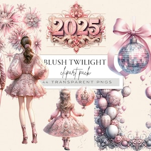 Happy New Year 2025 Clipart, Clipart nouvel an rose, aquarelle pour le réveillon du Nouvel an, 2025 Png Bundle, ballons du nouvel an Png, boule miroir Png
