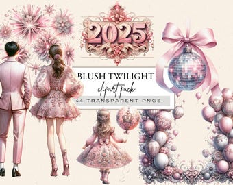 Könnte beinhalten: Digitales Clipart-Paket mit Illustrationen in Rosatönen, darunter ein Paar in formeller Kleidung, ein Mädchen in einem Kleid und dekorative Elemente wie Ballons und Feuerwerk. Der Text "Blush Twilight clipart pack" ist ebenfalls enthalten.