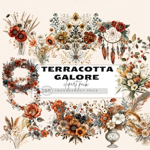Terrakotta Blumen Clipart, Terrakotta Blume Clipart, Terrakotta Hochzeit, Terrakotta Blumenrand, Boho Pampas Rose Aquarell Clipart