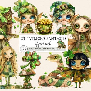 May include: A set of 55 digital clipart images featuring whimsical characters and objects in a St. Patrick's Day theme. The images are in a patchwork style with green, brown, and gold colors. The characters include a leprechaun, a snake, and several fairies. The objects include a pot of gold, a mushroom, and a shamrock.